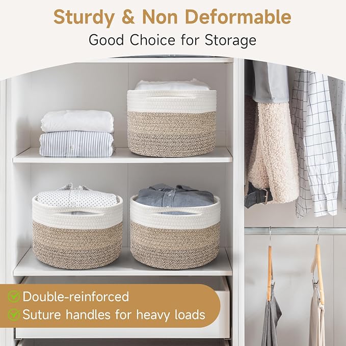 3 Pack Small Rope Storage Baskets, 9.82×9.82×7.1", Mixed Brown | Cotton Basket for Gifts Empty, Cute Round Woven Basket, Decorative Shelf Basket Organizer, Organizing Basket for Shelves