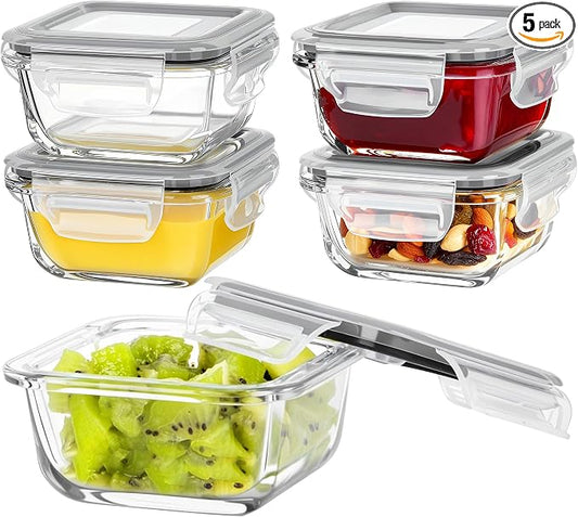 Vtopmart 5Pack 5oz Small Glass Storage Containers Set With Lids, Grey | Glass Meal Prep Food and Sauce Container Sets with Snap Airtight Lid for Microwave, Oven, Freezer and Dishwasher, BPA Free