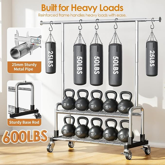 Luxspire Rolling Heavy Duty Clothes Rack with 2 Sturdy Shelves Load 600 LBS | Zinc-iron alloy frame, lockable silent wheels, adjustable extendable rods for bedroom and laundry room garment storage