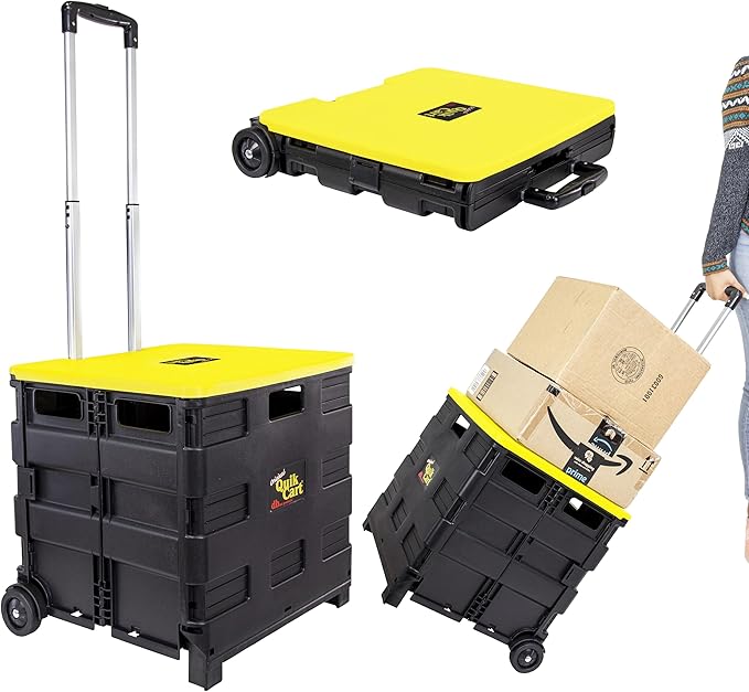 dbest Products Quik Cart Standard Collapsible Rolling Crate - Yellow Lid | with Wheels, Roll Up to 80 lbs Capacity, Heavy Duty Plastic Construction, Telescoping Handle, Foldable Utility Cart