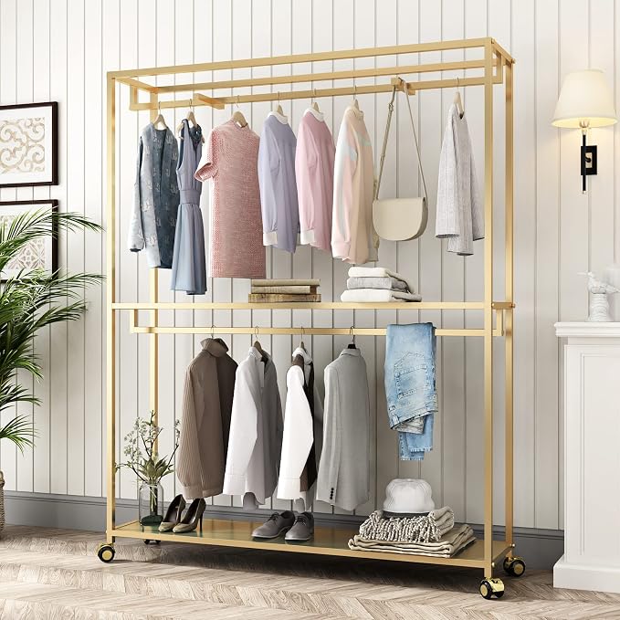 TIEOU Gold Clothes Racks Free-Standing, Gold Clothing Rack with Shelves for Boutiques, Heavy Duty Garment Rack for Hanging Clothes, Large Wardrobe Closet(Only One Shelf)