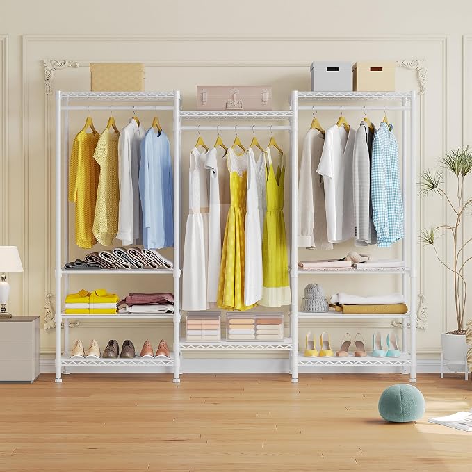 Higeego H12 Heavy Duty Clothes Rack, White | Freestanding Clothing Rack with 10 Adjustable Shelves, Shoe Rack, 3 Hanging Rods, 15.7" D x 68.7" W x 76.4" H