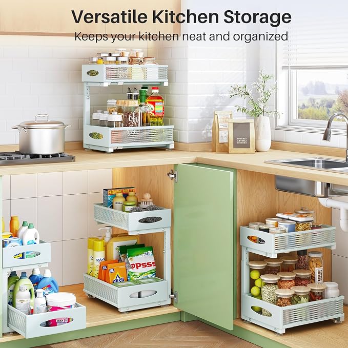 2 Pack Under Sink Organizer, 2 Tier Pull out Cabinet Organizer Mesh Baskets with 5 Adjustable Heights, Sliding Drawers Storage Shelf for Home, Kitchen, Bathroom, Pantry, Office, Countertop ,Blue