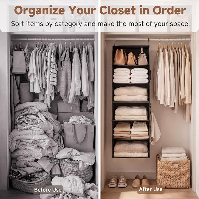 StorageWorks Hanging Closet Organizer 6-Shelf, Jumbo Separable Two 3 Shelf Closet Storage Organizer with Side Pockets, Portable Hanging Shelves for Wardrobe, RVs, 13 "D x 15 "W x 47 ¼"H, Black