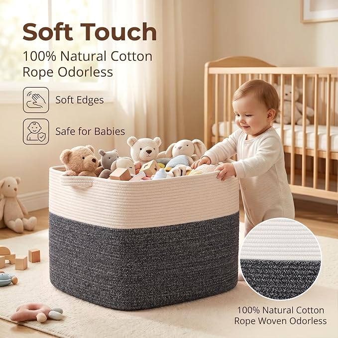 OIASKET 108L Cotton Rope Storage Basket for Living Room and Bedroom 25"x16"x16" Woven Laundry Basket, Heavy Duty Bin for Blankets, Pillows & Toys, Pet-Safe & Scratch-Free, Dark Grey and White