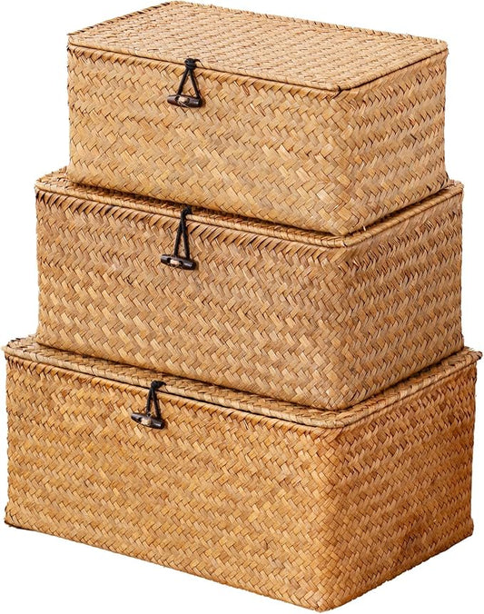 Nonam Storage Basket with Lid, Natural Seagrass Bin with Lid Set of 3, Shelf Baskets Multipurpose Container for Boho Decoration, Rectangular Household Storage Boxes for Home Organization-Natural
