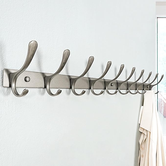 SKOLOO Coat Rack Wall Mounted - 10 Hooks, Heavy Duty, Stainless Steel, Metal Wall Hanger, Sturdy Coat Hooks for Hanging Coats, Jacket, Clothes, Hat, Matte Grey