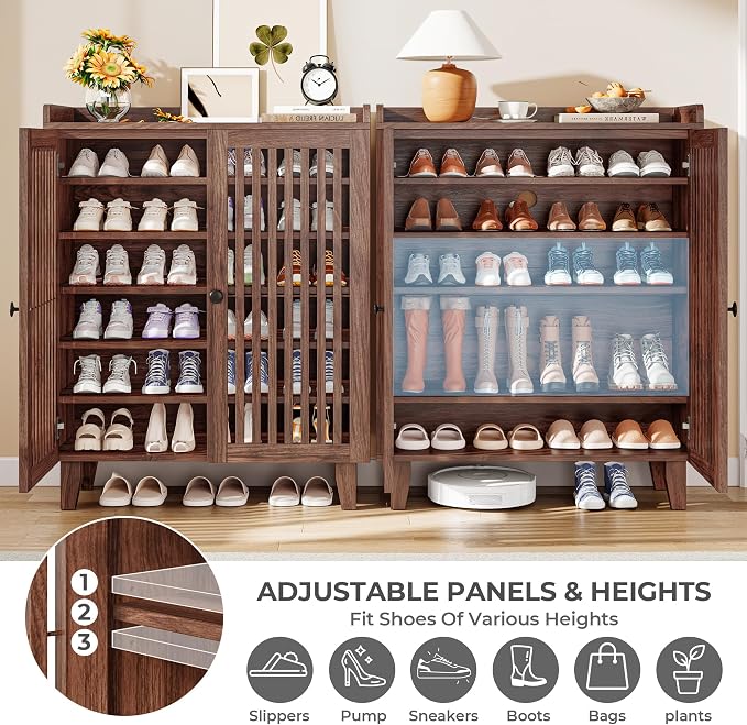 IRONCK Shoe Cabinet with Slatted Doors, 6-Tier Shoe Storage Cabinet with Adjustable Shelves, Wooden Shoe Rack Organizer for Entryway, Hallway, Closet, Living Room, Walnut