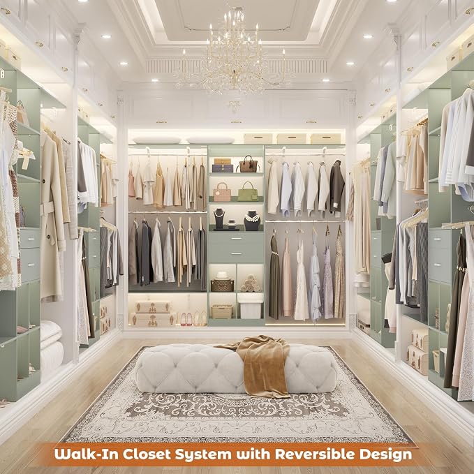 Besiost Closet System - 8FT Closet Organizer System with Wooden Drawers, 96" Closet Systems for Walk-In Closets with Cuttable Hanging Shelving, Green