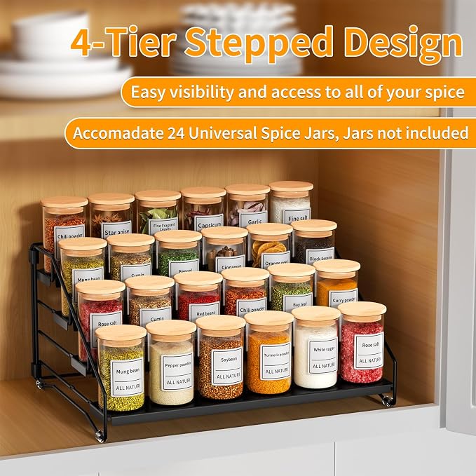 2 Pack Spice Rack Organizer for Cabinet, Depth Adjustable 4 Tier Spice Rack | Black, Metal Spice Organization for Cabinet, Easy Visibility, Tiered Spice Rack Perfect for Cabinet, Pantry and Countertop