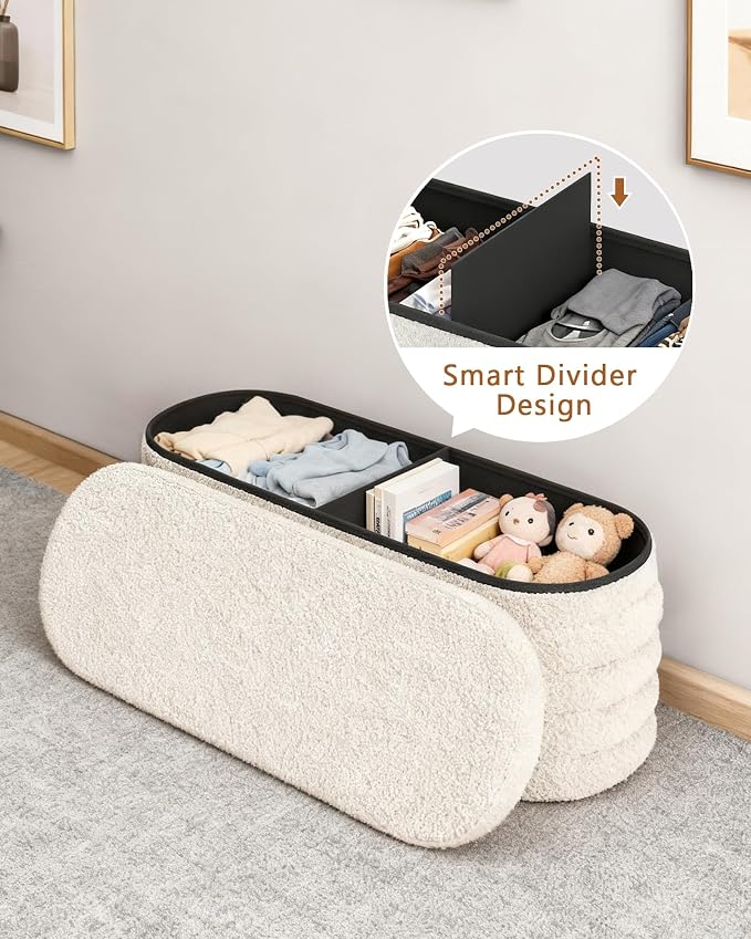 GLAXYFUR Storage Ottoman Bench, 43" Entryway Shoe Seat, Sherpa White | Upholstered Oval Ottoman with Storage, End of Bed Stool Blanket Chest, For Living Room, Hallway