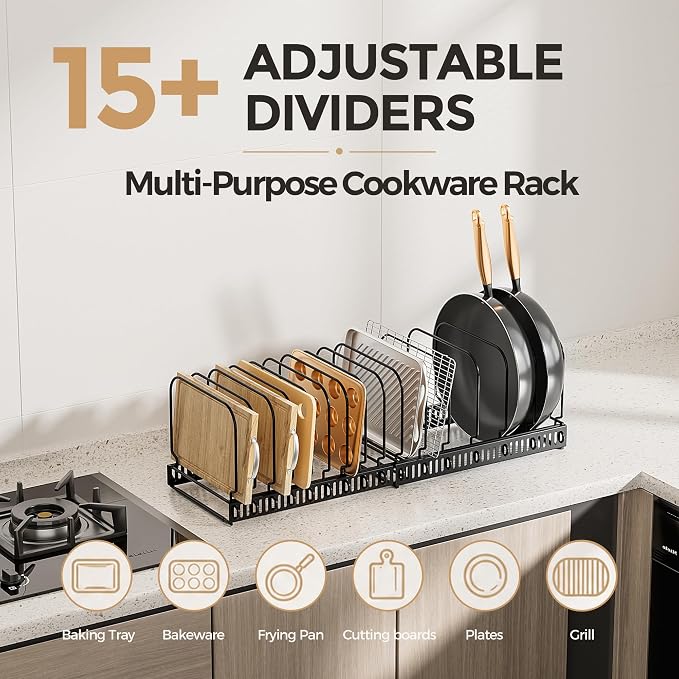 MUDEELA Expandable Cutting Board Organizer Pot Lids Rack 15 Dividers 2-Pack | Expandable Pots and Pans Organizer under Cabinet, 15 Adjustable Dividers, Fits Bakeware Cookie Sheet Baking Tray Muffin Tin