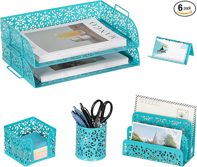 EasyPAG Desk Organizers and Accessories 5 Pieces Office Supplies Set - 2 Tier Paper Tray, Pencil Organizer for Desk, Mail Sorter Countertop, Business Card Holder and Sticky Note Holder, Dark Teal