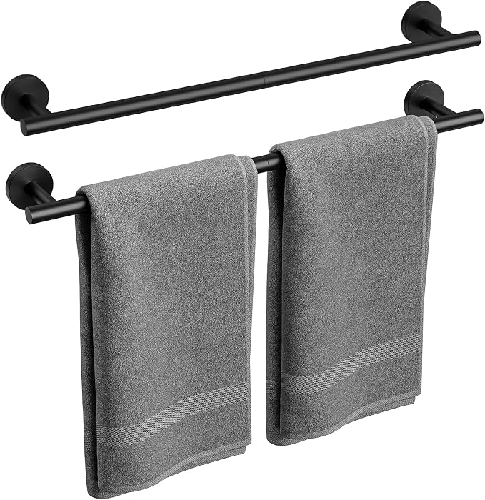 2 Pack Matte Black Towel Bar, 24 Inch Bathroom Towel Rack | Towel Holder Wall Mounted, Thicken SUS304 Stainless Steel Towel Rod Modern Home Decor (Total Length 26-Inch)