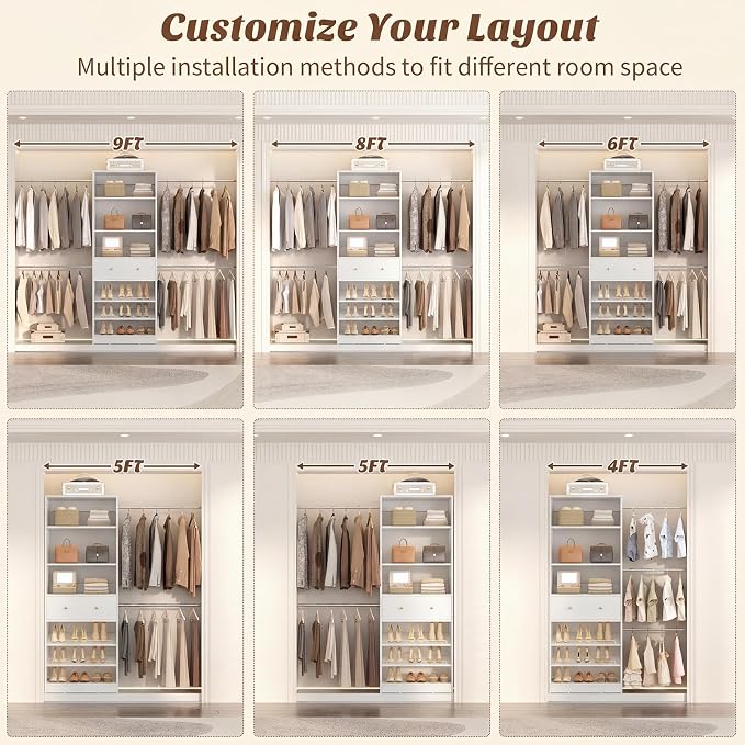 Wood Closet Organizer System with Sensing Light - 4FT-9FT Expandable Wardrobe Closet with Drawer & 4 Hanging Rods, Heavy Duty Walk-in Closet 1000Lbs for Bedroom Walk-in Closet, White