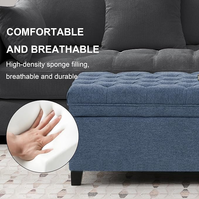 51" Storage Ottoman for Bedroom & Living Room, End of Bed Bench with Black Wooden Legs, Linen Upholstered Tufted Ottoman, Entryway Storage Bench, Dark Blue