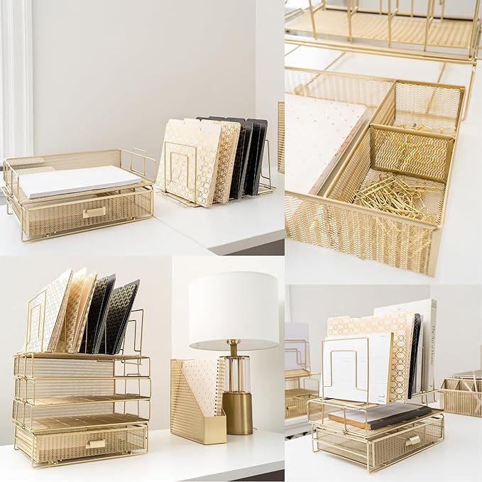 BLU MONACO | Gold Desk Organizer Set with Detachable File Organizer, Stackable Paper Tray & Storage Drawer | Stylish Gold Desk Accessories for Women & Office Organization
