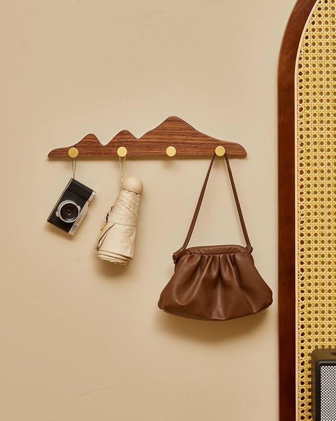 Wood Coat Hooks Wall Mount - Wooden Coat Rack with 4 Gold Brass Hooks for Entryway Bathroom Bedroom, Modern Decorative Wall Hooks Heavy Duty Organizer for Hanging Clothes Hats Bags Robes Towels Purse