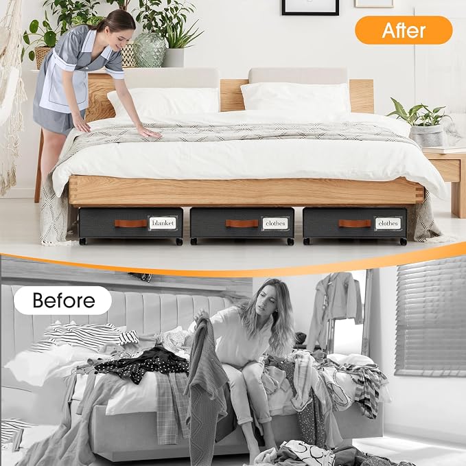 SpaceHacks Under Bed Storage with Wheels 3Pack Storage Containers with Clear Window&Label Under Bed Drawers Rolling Under Bed Storage for Clothes,Shoes, Blankets (30.71 x 16.93 x 6.69 in, Dark Grey)