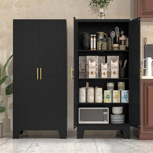 PAOFIN Metal Kitchen Pantry Storage Cabinet | 61" Freestanding Cupboard with 3 Adjustable Shelves for Kitchen, Living Room and Dining Room (Black)