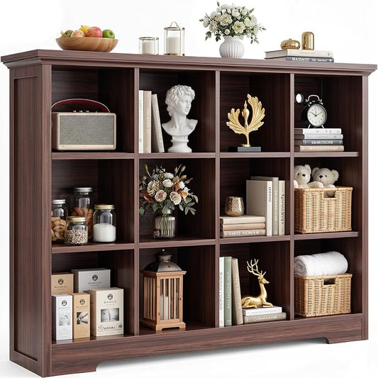 Aheaplus Wooden 12-Cube Storage Organizer with Charging Ports, Modern Cube Bookcase with Base, 4-Tier Floor Standing Open Cubbies Bookshelf, Cubicle Display Shelf for Home and Office, Black Walnut