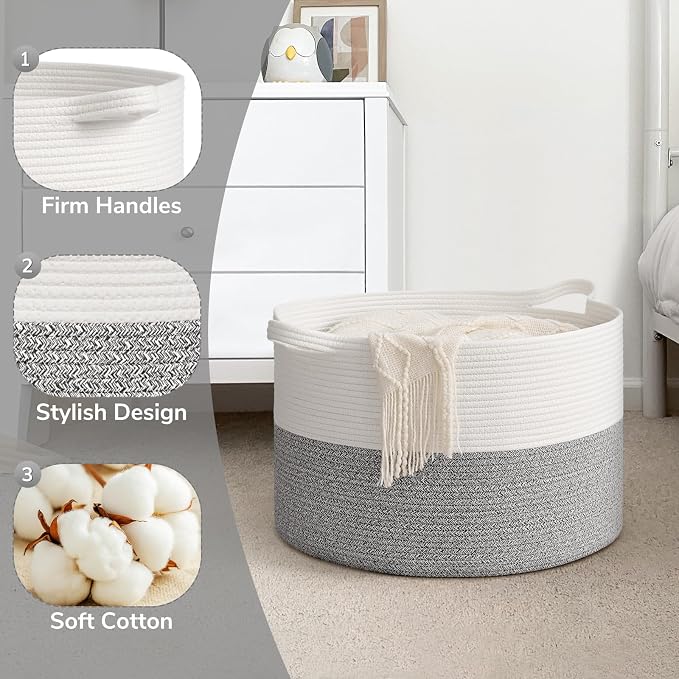 Goodpick Woven Blanket Basket Living Room, Toy Bin for Playroom, 65L | 19.7 x 19.7 x 12.6 In Toy Storage Basket for Nursery, Blanket Basket for Living room, Laundry Basket, Light & Grey