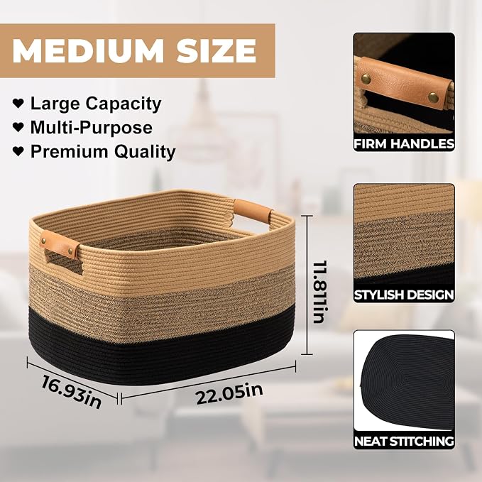 danpinera Large Blanket Basket for Living Room,72 L Rectangle Toy Storage Basket for Nursery Room, Woven Rope Storage Box with Leather Handle, 22’’*17’’*11.8’’, Gradient Linen
