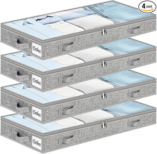 3 Inch Low Profile Under Bed Storage Drawer 4 Pack, Lightweight Underbed Clothes Storage Container Bins With NO STURCTURE, Shallow Storage Bag for Dorm & Home, With Clear Lids & Water-Resistant Fabric