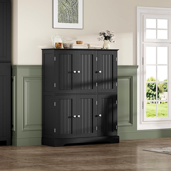 ChooChoo Bathroom Floor Cabinet with 6 Doors and Adjustable Shelves | Modern Bathroom Storage Cabinet, Freestanding Cupboard for Living Room, Black