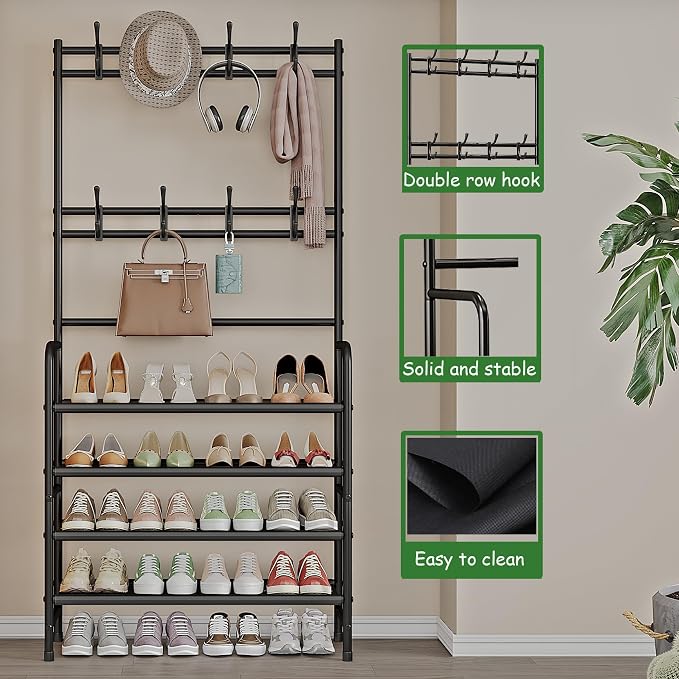 Coat Rack Shoe Rack With Storage Hooks Standing Organizer 4 Tier | Metal Freestanding Hall Tree for Clothes Hats bag Scarves Space Saving Design for Entryway Bedroom living Closet Office,Black