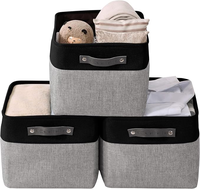 DECOMOMO Storage Bins, Large Fabric Storage Baskets for Shelves 3 Pack | 15 x 11 x 9.5 inches Decorative Linen Closet Organizers (Grey & Black)