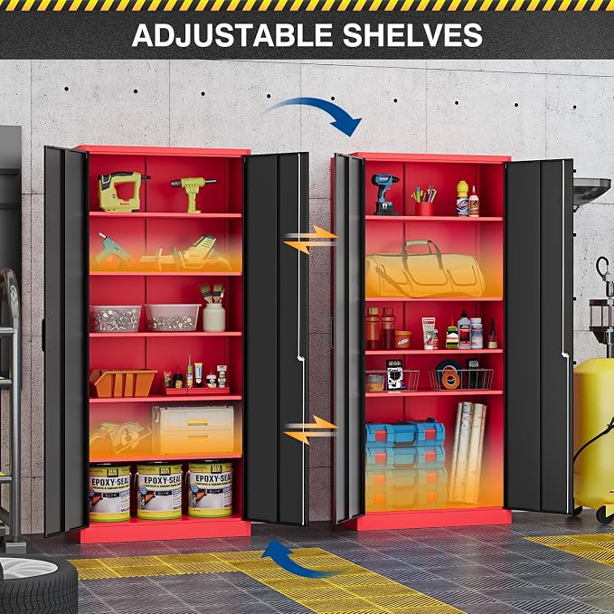 Fesbos Metal Storage Cabinet-71” Tall Steel File Cabinets with Lockable Doors and Adjustable Shelves-Black&Red Steel Storage Cabinet for Home, School, Office, Garage
