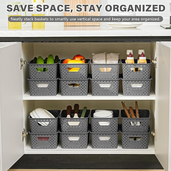 10 Pack Small Plastic Storage Bins with Lids, Stackable Plastic Storage Baskets for Organizing with Handles, Organizer Bins with Labels for Room,Craft,Containers for Pantry Organizers and Storage,Grey