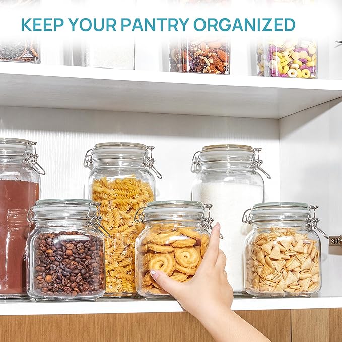 Vtopmart 34oz Glass Food Storage Jars with Airtight Clamp Lids, 3 Pack | Kitchen Canisters for Flour, Cereal, Coffee, Pasta and Canning, Square Mason Jar with 8 Chalkboard Labels