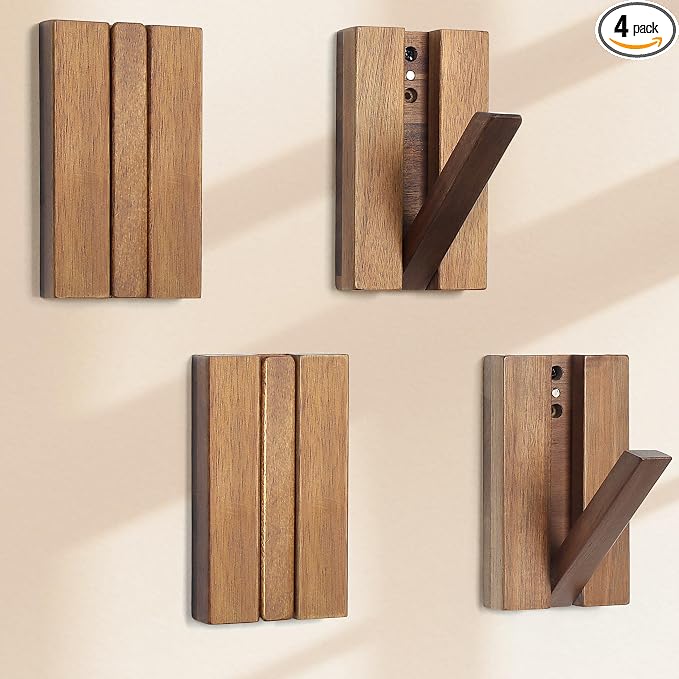 Wood Wall Hooks for Bathroom: 4Pack Foldable Rustic Decor Hangers | Heavy Duty Coat Hooks for Hanging Towels Backpack Jacket - Space Saving Minimalist Design for Aesthetic Homeowners