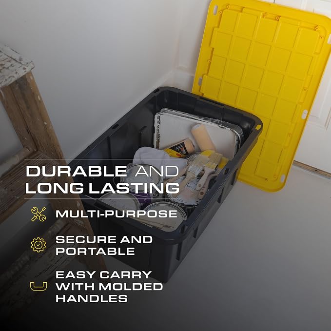 CX Heavy Duty 27-Gallon Stackable Plastic Storage Bins with Lids, 4 Pack | Storage totes for garage organization, Stackable containers, weather-resistant, snap lid, 14.3H x 20.6W x 30.6D, Black/Yellow