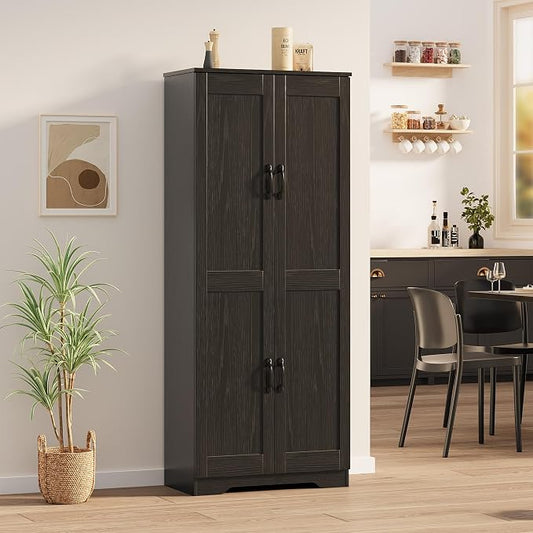 Garvee Tall Pantry Cabinet, 60" Kitchen Storage Cabinet with 2 Doors & Adjustable Shelves, Freestanding Wooden Cupboard for Bathroom，Dining Room, Living Room, Black | Kitchen Storage Cabinet with 2 Doors & Adjustable Shelves, Wooden Cupboard for Bathro...
