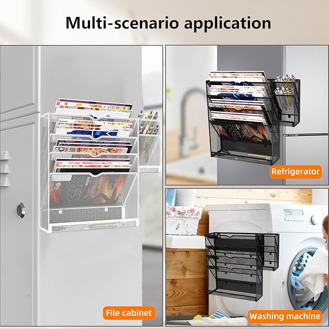 Magnetic File Holder, Magnetic File Organizer Wall Mount, 5 Tier Hanging Mail Organizer Folder Holder, Mesh Desk Accessories and Organizers, Paper Document Magazine Rack with 3 Pen Holder