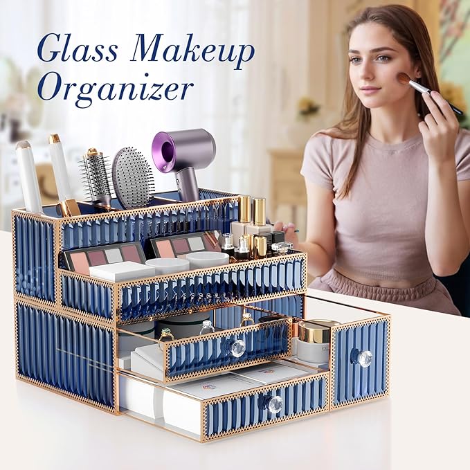 Youdepot Blue Tempered Glass Makeup Organizer | Vanity Organizer for Cosmetics, Skincare, Hair Tools, Brushes, Perfume, Multipurpose Bathroom Counter Skincare Organizer