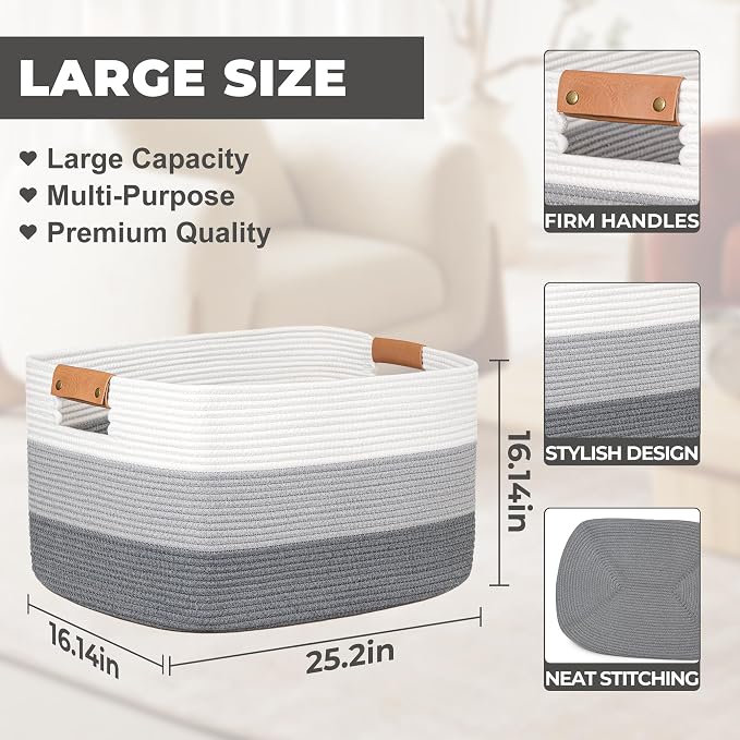 danpinera Large Woven Basket 25’’*16’’*16’’ 108L Woven Baskets for storage Baby Laundry Hamper, Cotton Rope Boho Decorative Storage Bin for Living Room, Nursery, Clothes, Pillows Gradient Grey