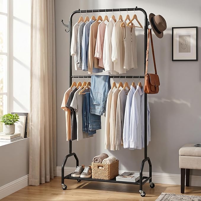 EVLIQUIL Double Hanging Garment Rack with Wheels, Hooks and Shelf, Black | Double Hanging Design and Smooth-Rolling Wheels with Open shelf offers additional storage for shoes, boxes or baskets.