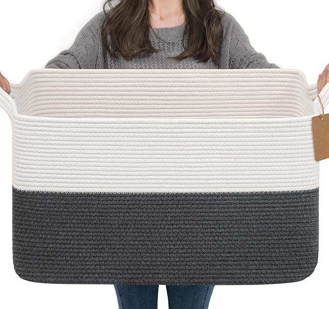 Goodpick Extra Large Rectangle Woven Storage Basket, Dark Gray | 75L, 22 × 17 × 12 in, Reinforced Handles, Blankets, Toys & Clothes Storage, Living Room, Bedroom & Nursery Organization