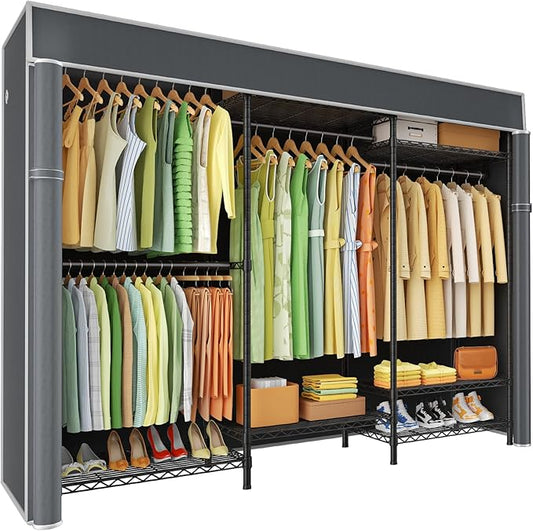 E13C Heavy Duty Closet Organizer System，Freestanding Clothing Racks for Hanging Clothes，Adjustable Garment Rack 63" W x 16" D x 77" H Hold 960 lbs，Black Clothing Rack with Grey Dustproof Cover
