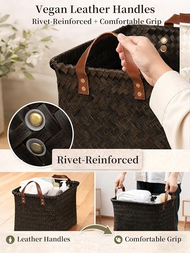 Wicker Storage Baskets, 4 Pack Woven Baskets for Shelves, Dark Gold | PP Rattan, Water-resistant Wicker Basket, Large Baskets with Faux Leather Handles for Blanket, Laundry Organizer, Room Decor