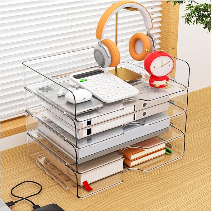 Vivihomety Paper Organizer Letter Tray, 4-Pack Stackable Acrylic, Clear | Stackable, Versatile Desk File Organizer – A4 Paper, Documents, Letters, Books, Bills, iPad – Large Capacity, Home Office