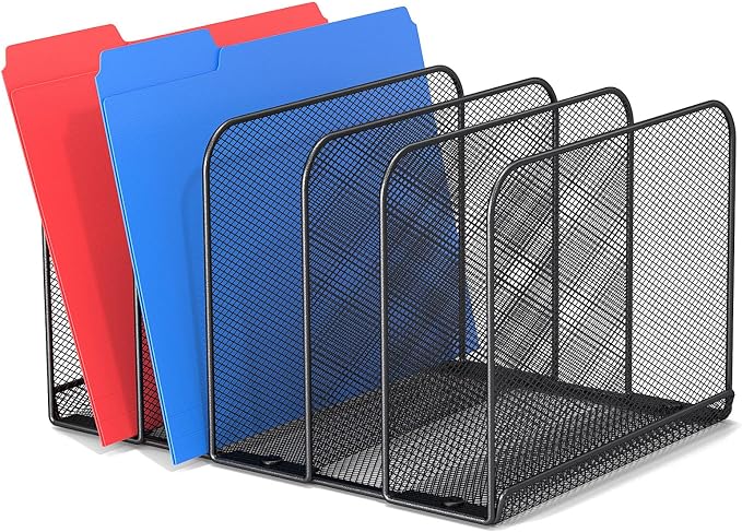 TOPCJ 5 Sections Desk File Holder/Rack/Sorter,Mesh File Organizer,File Folder Organizer,Metal Upright Desktop Organization for Documents,Magazine,Kitchenware,Antiskid,Antirust,Sturdy,1 Pack