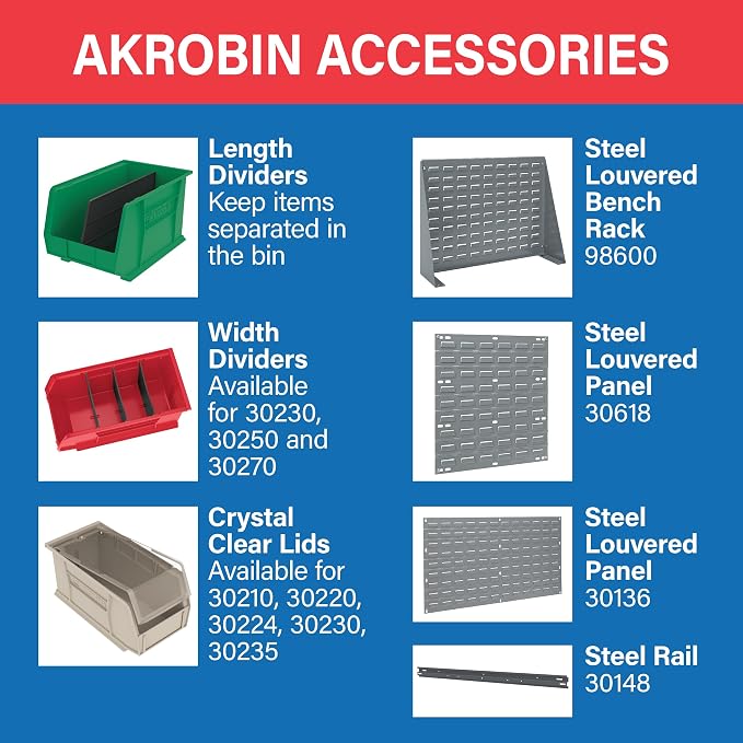 Akro-Mils 30230 AkroBins Plastic Storage Bins, Space-Saving Stackable Bins for Garage, Pantry, Craft Organization, 10.5 "L x 5.5 "W x 5"H, Blue, 12-Pack