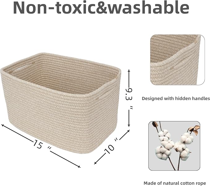 XUANGUO Woven Cotton Rope Storage Baskets 15x10x9.3" 3 Pack Oatmeal | Decorative rectangular storage baskets for shelves and closets; storage bins organize clothes, toys, books and nursery items