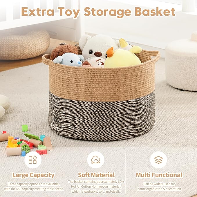 Foldable Laundry Hamper Basket with Collapsible Handle Cotton Rope Soft Woven Fabric Storage Organizer Clothes Toys Nursery Bedroom Dorm Space Saving Bin (Camel & Mix Camel, 65L(19.7"D x 12.6"H))
