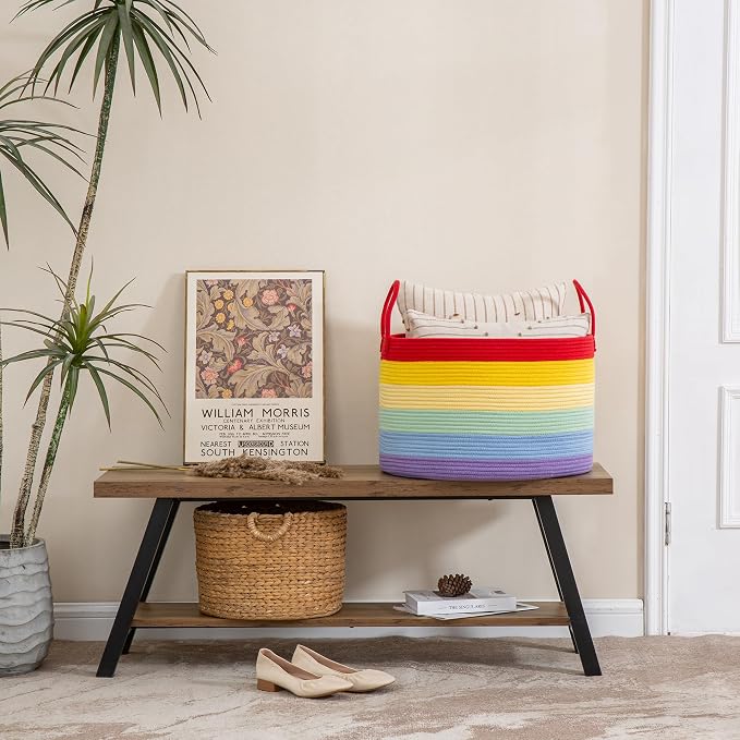 KAKAMAY Large Blanket Basket with Handles, Storage Basket for Living Room | Extra Large Capacity | Natural Cotton Rope | Blanket Storage | Woven Storage Basket | Stuffed Animal Storage | Laundry Basket